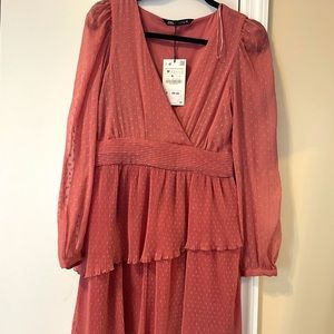 NWT Zara Pink Ruffled Dotted Mesh Dress